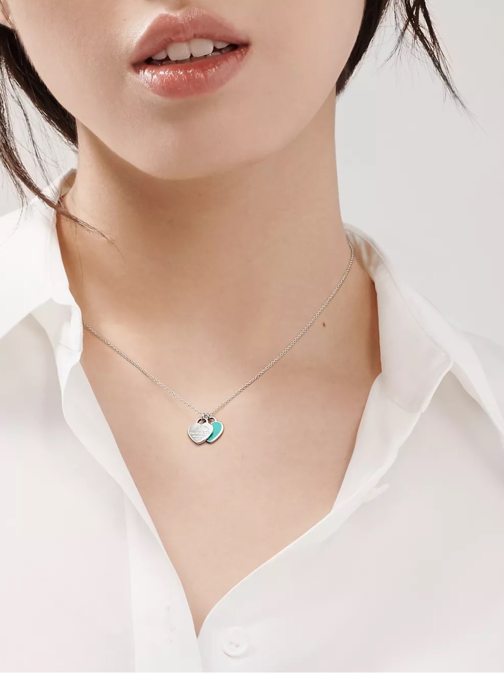 Tiffany & Co. Silver Double Heart Necklace with Turquoise Enamel- 16inches